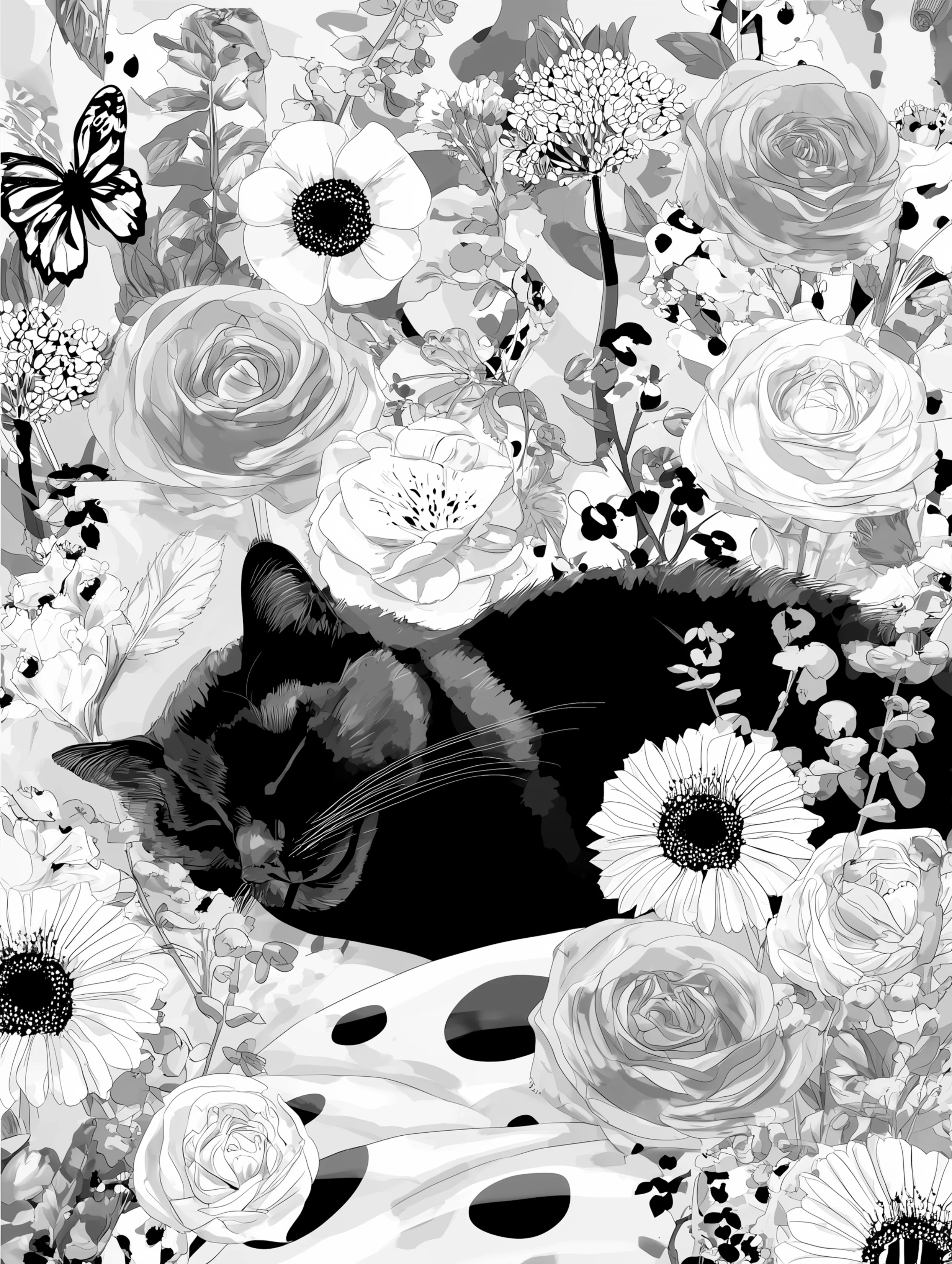 Free printable black cat coloring page for adults featuring snoozing black cat